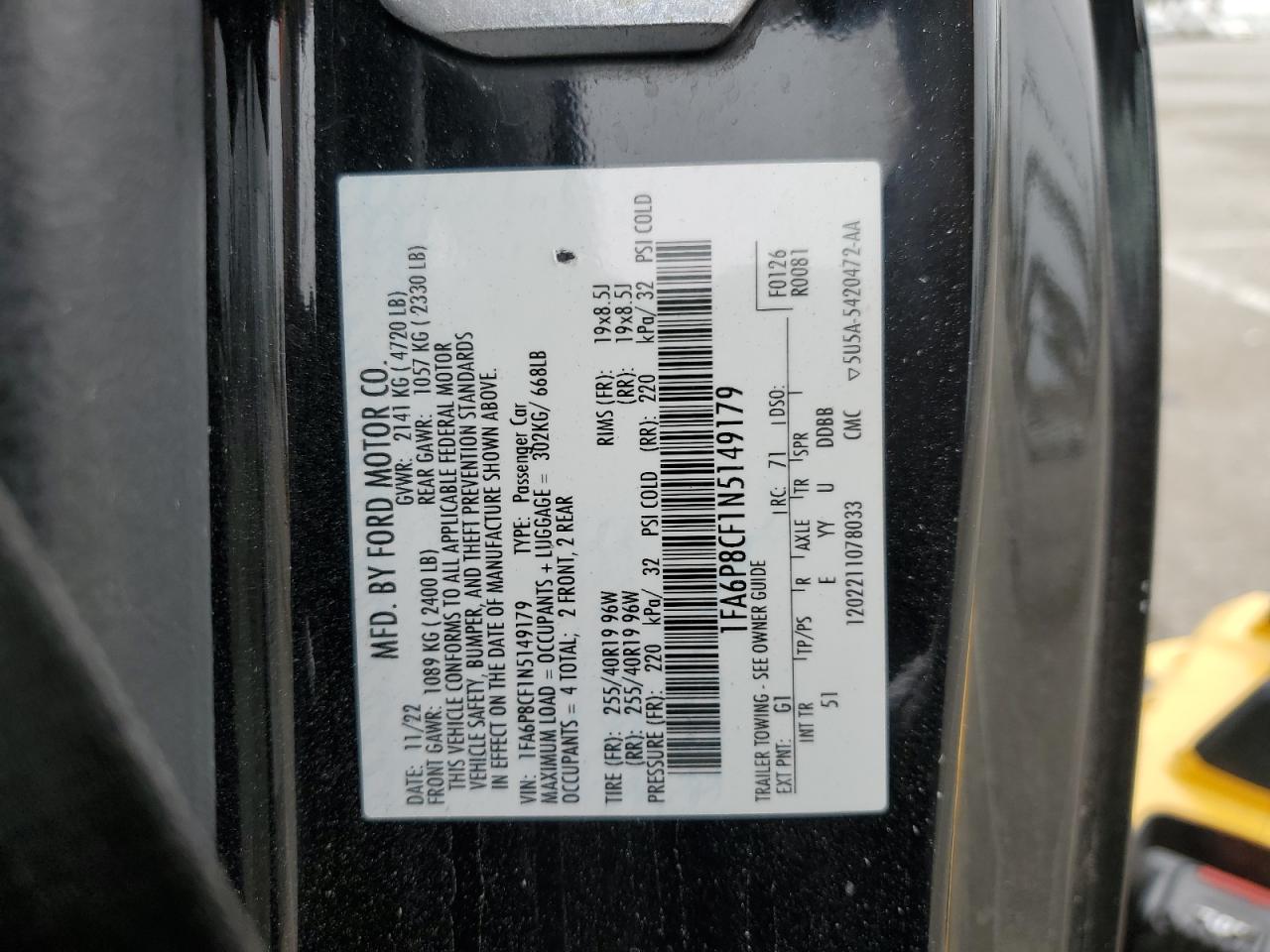 2022 Ford Mustang Gt VIN: 1FA6P8CF1N5149179 Lot: 58538845