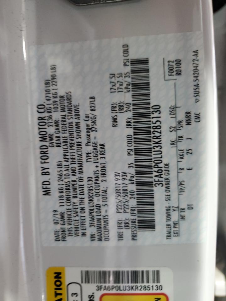 2019 Ford Fusion Se VIN: 3FA6P0LU3KR285130 Lot: 58979535