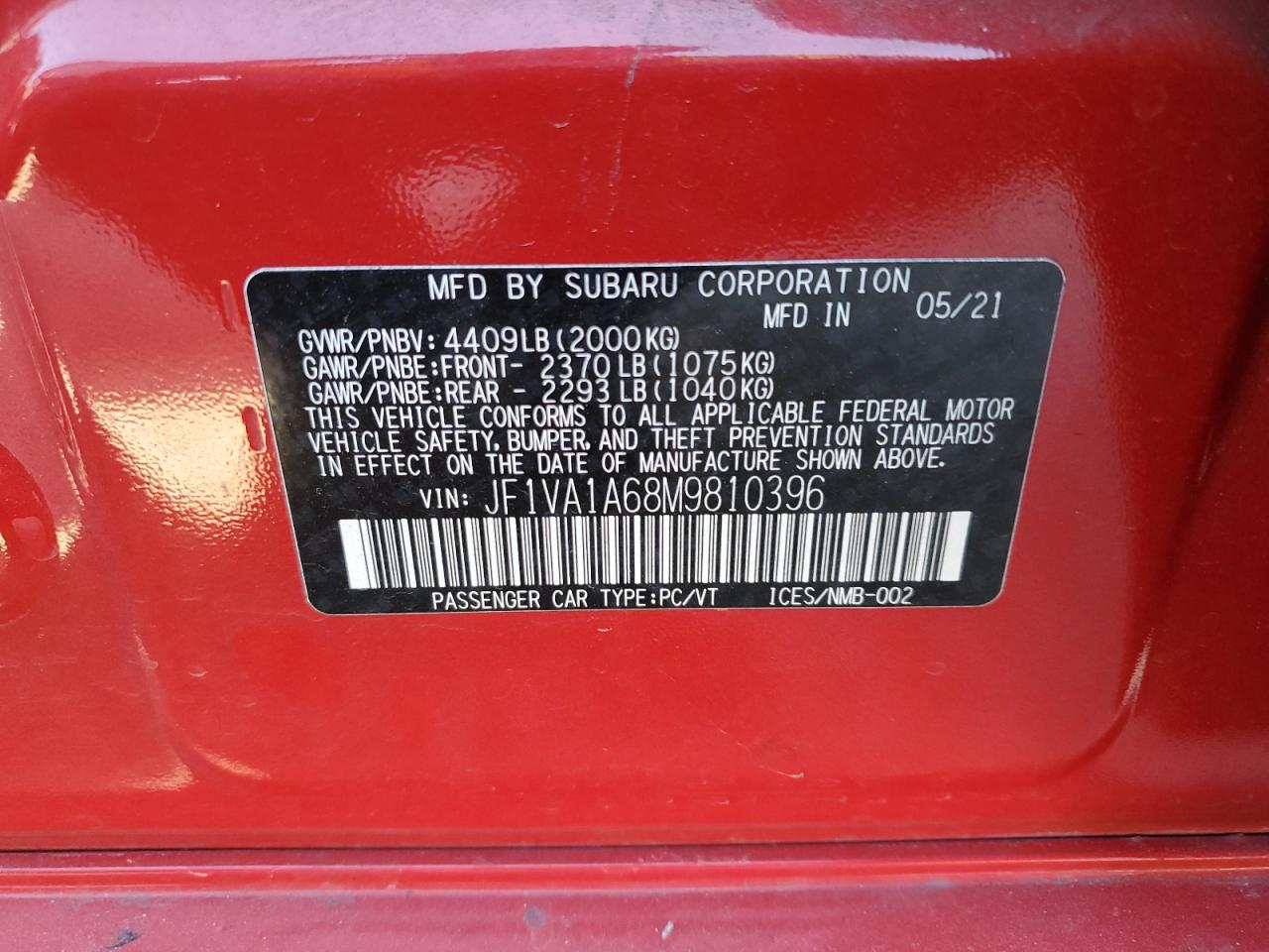 2021 Subaru Wrx VIN: JF1VA1A68M9810396 Lot: 56335445