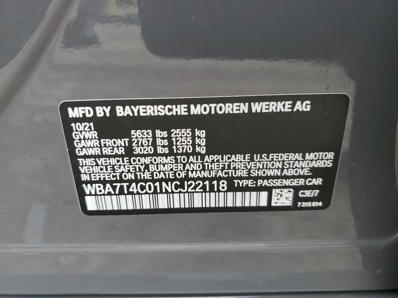 2022 BMW 740 Xi VIN: WBA7T4C01NCJ22118 Lot: 56645465