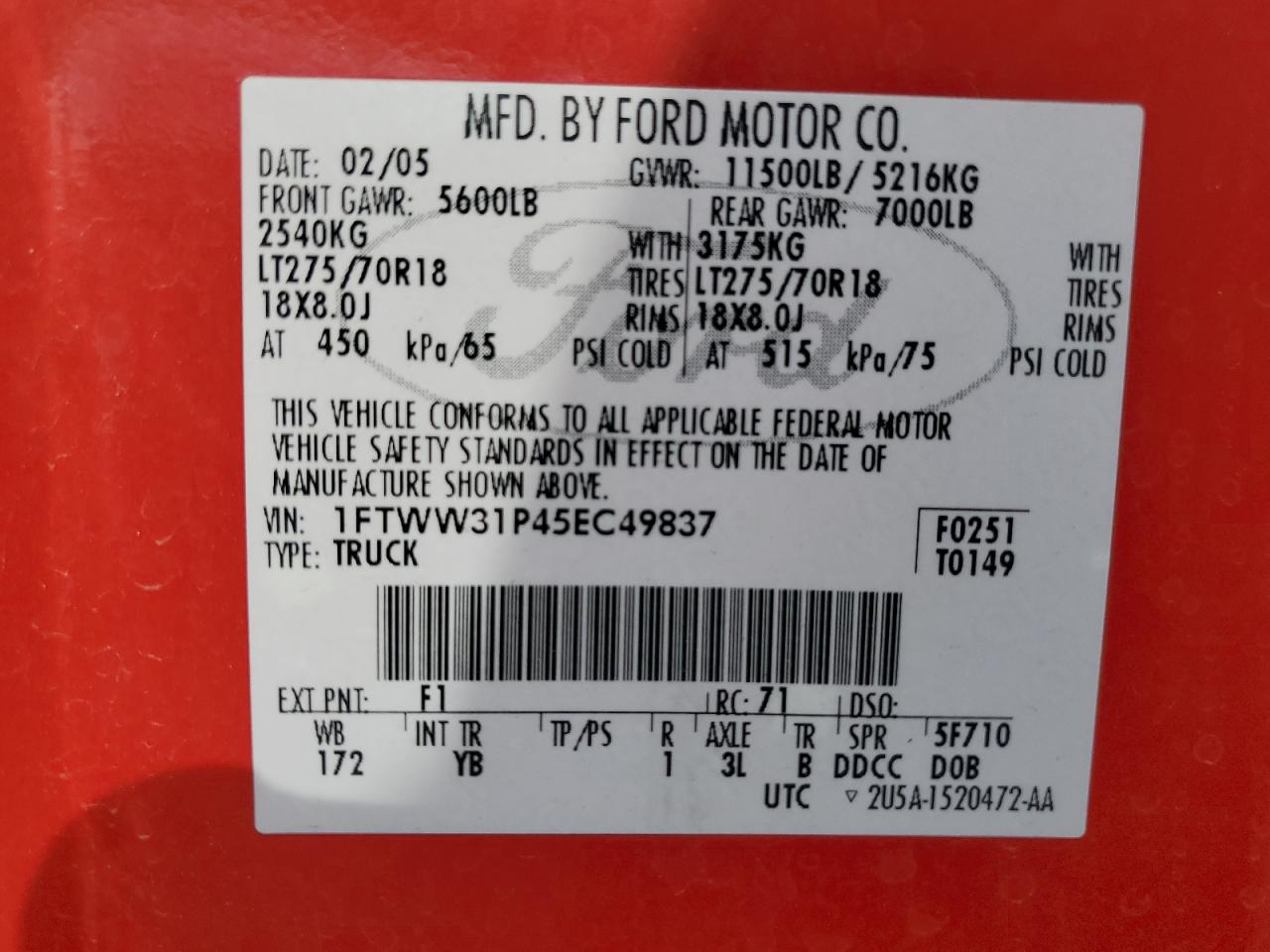 2005 Ford F350 Srw Super Duty VIN: 1FTWW31P45EC49837 Lot: 58303645