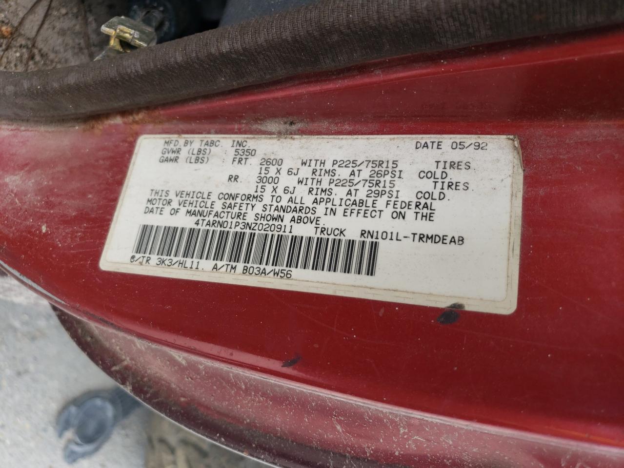 1992 Toyota Pickup 1/2 Ton Short Wheelbase Dlx VIN: 4TARN01P3NZ020911 Lot: 53709905