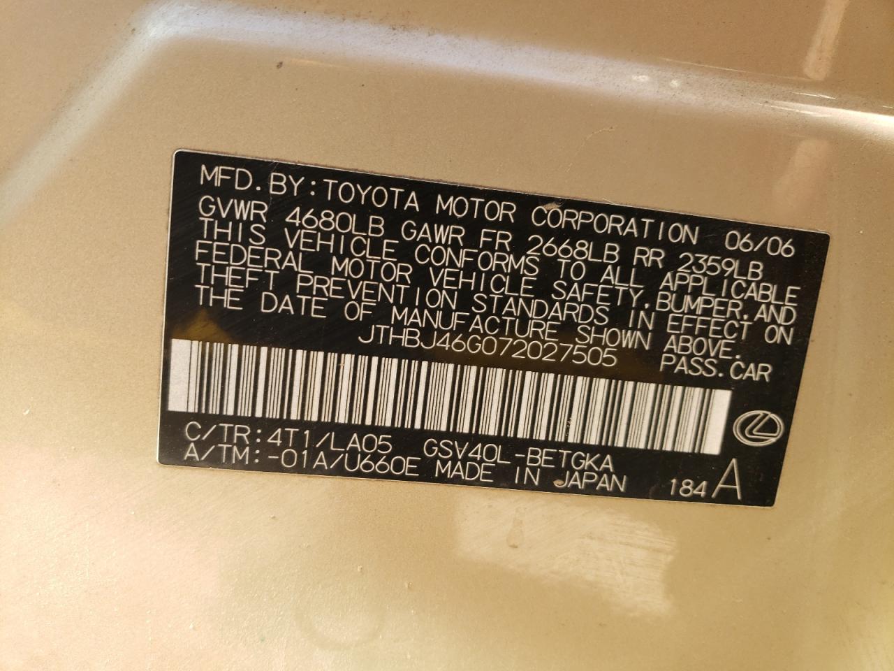 2007 Lexus Es 350 VIN: JTHBJ46G072027505 Lot: 56408155