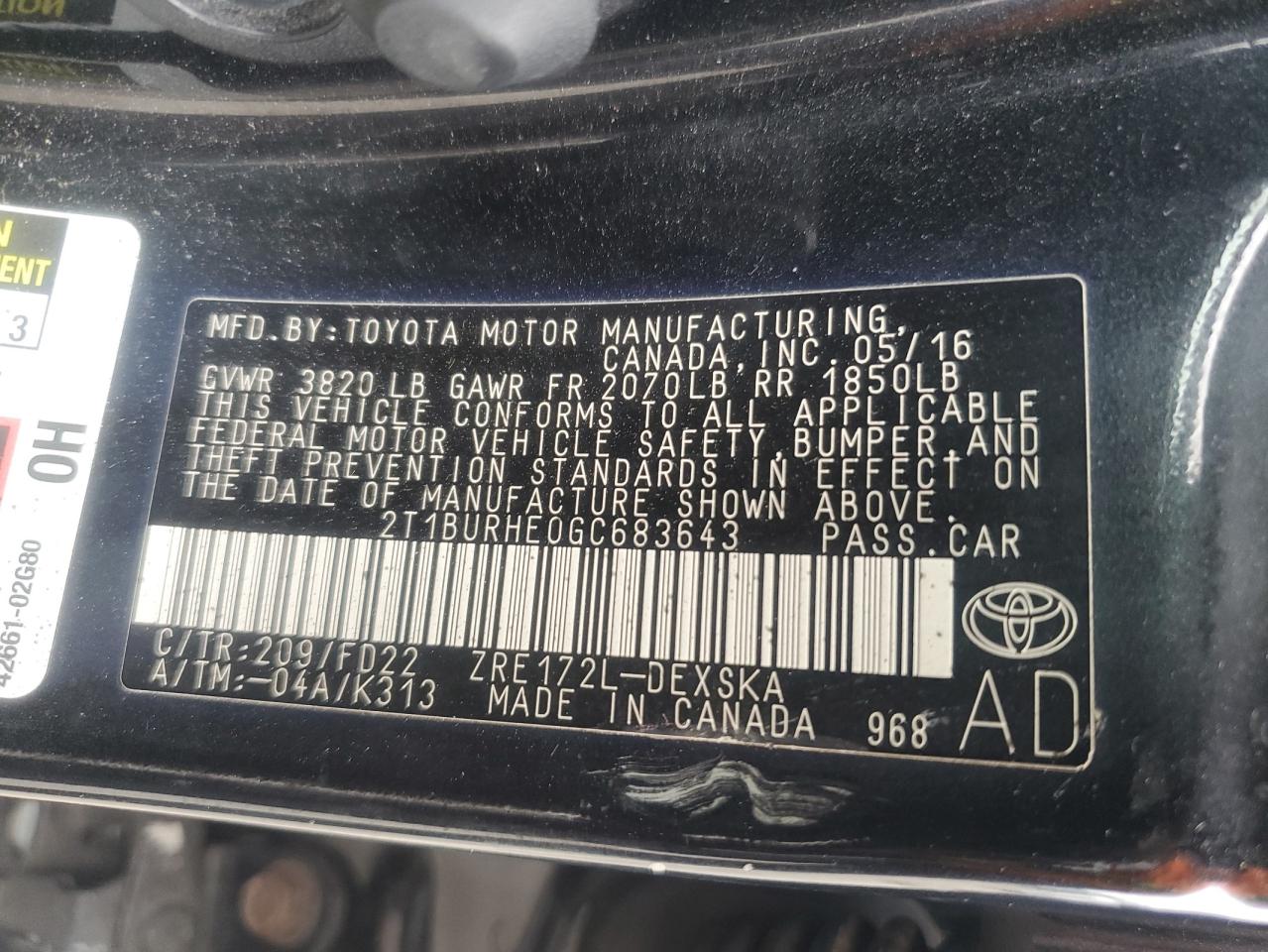 2016 Toyota Corolla L VIN: 2T1BURHE0GC683643 Lot: 58306445
