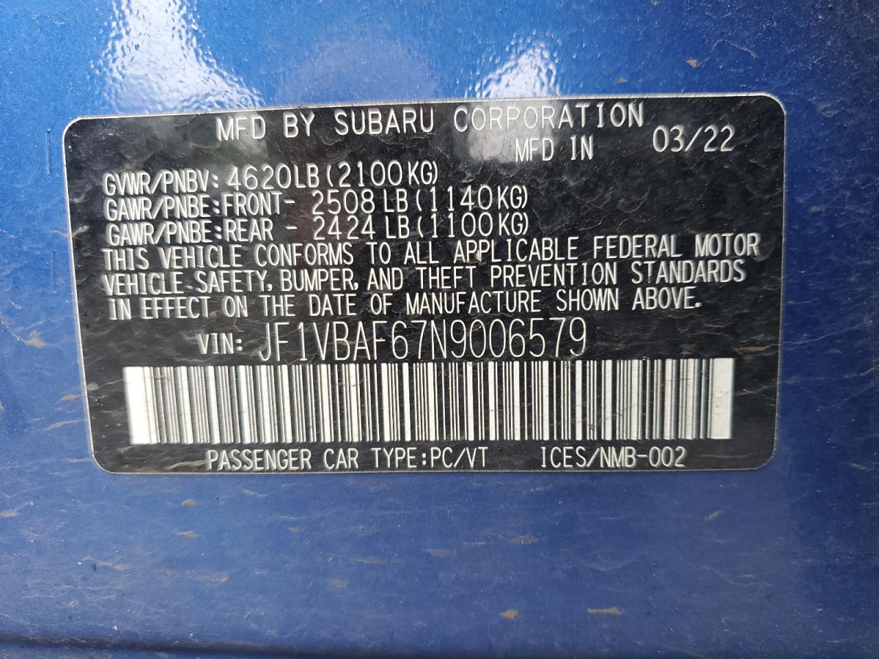 2022 Subaru Wrx Premium VIN: JF1VBAF67N9006579 Lot: 57356585