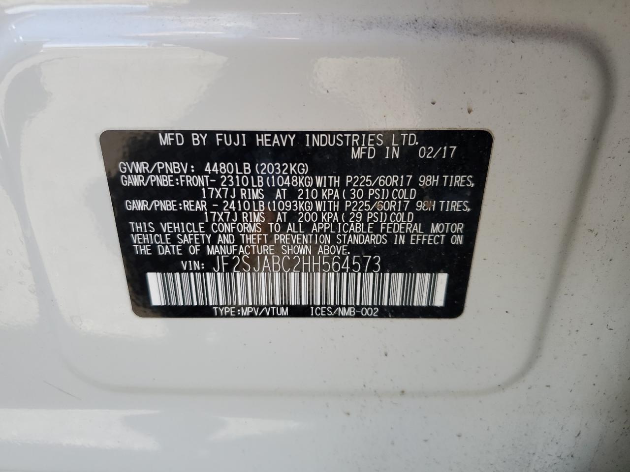 2017 Subaru Forester 2.5I VIN: JF2SJABC2HH564573 Lot: 56183845