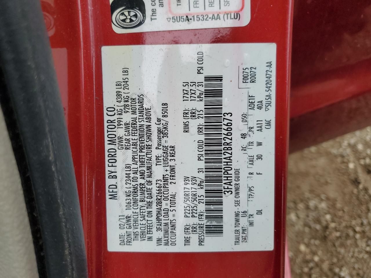 2011 Ford Fusion Se VIN: 3FAHP0HA2BR266673 Lot: 55531525