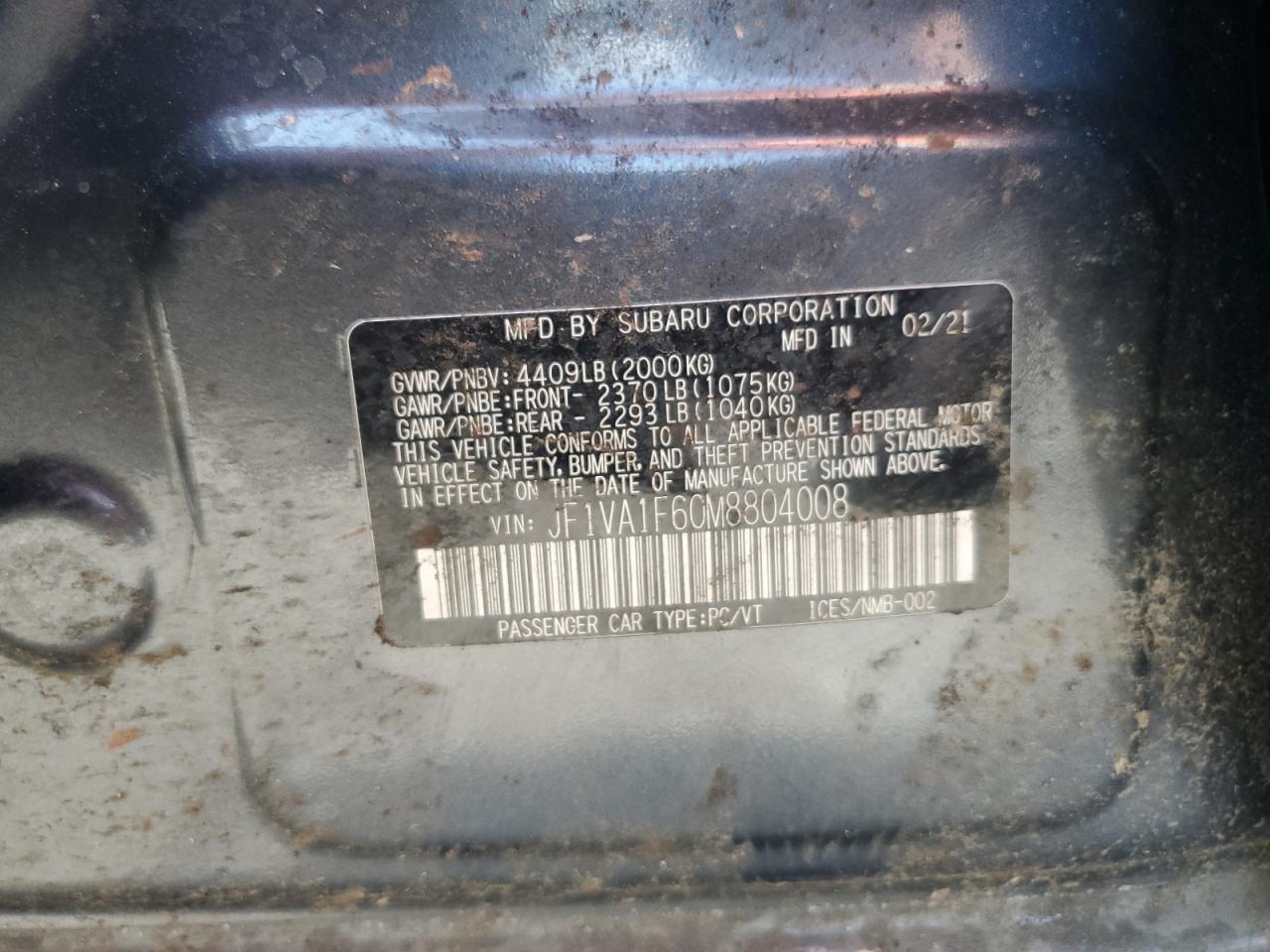 2021 Subaru Wrx Premium VIN: JF1VA1F60M8804008 Lot: 58749855