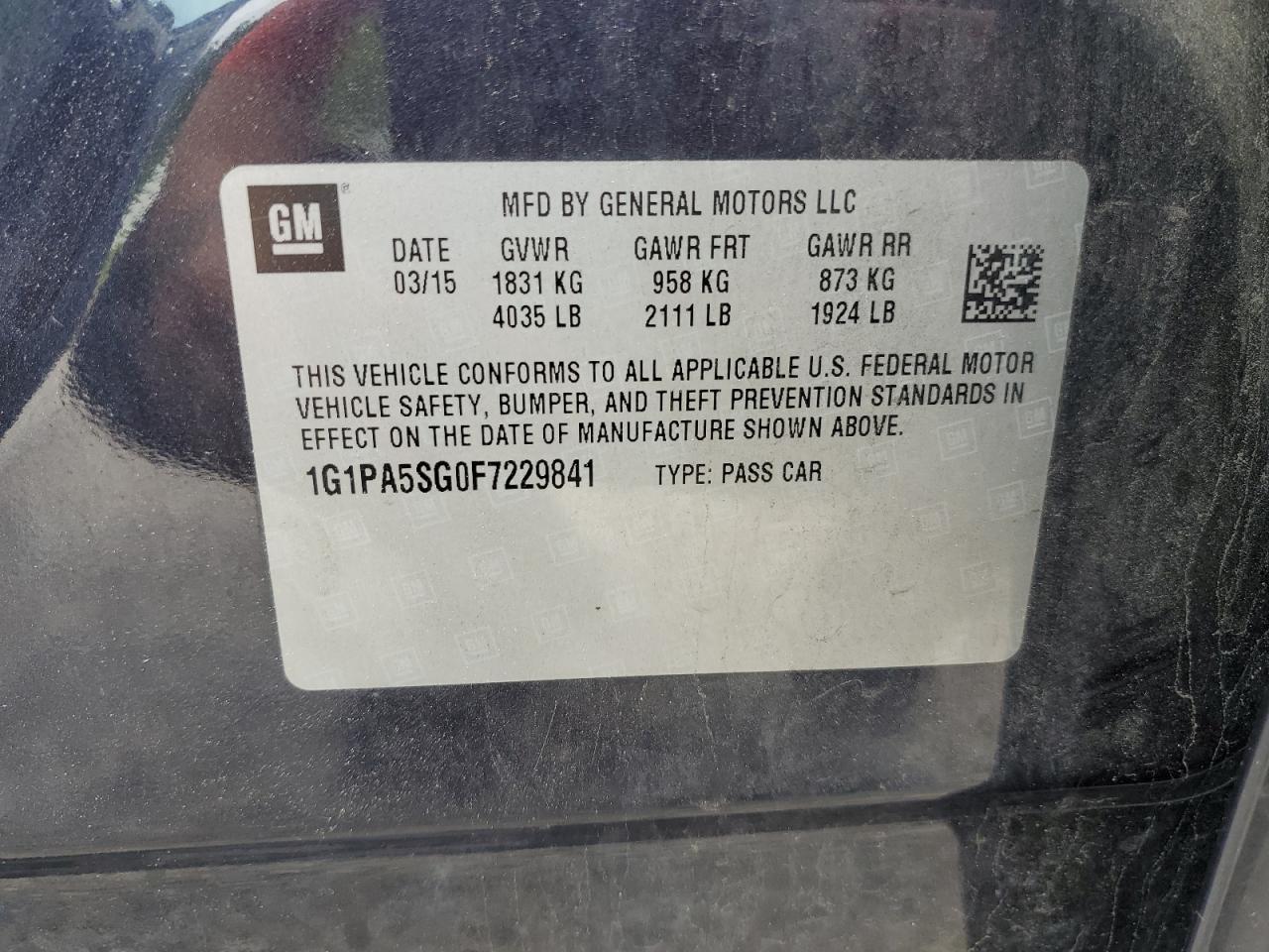 2015 Chevrolet Cruze Ls VIN: 1G1PA5SG0F7229841 Lot: 57770835