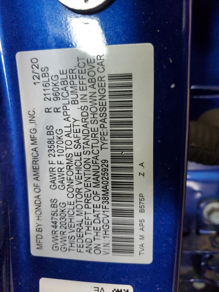2021 Honda Accord Sport VIN: 1HGCV1F38MA025929 Lot: 57727755