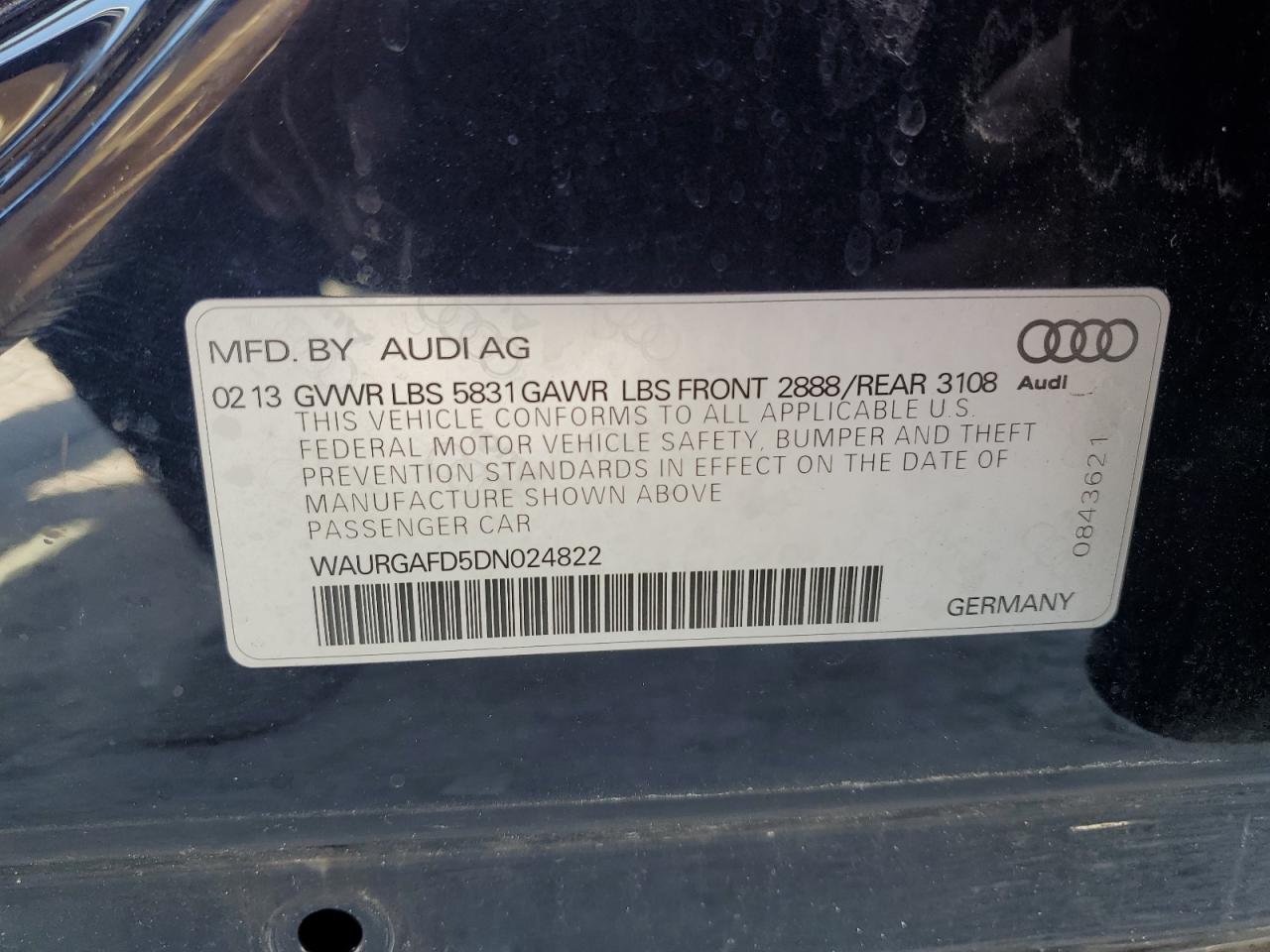 2013 Audi A8 L Quattro VIN: WAURGAFD5DN024822 Lot: 56842795