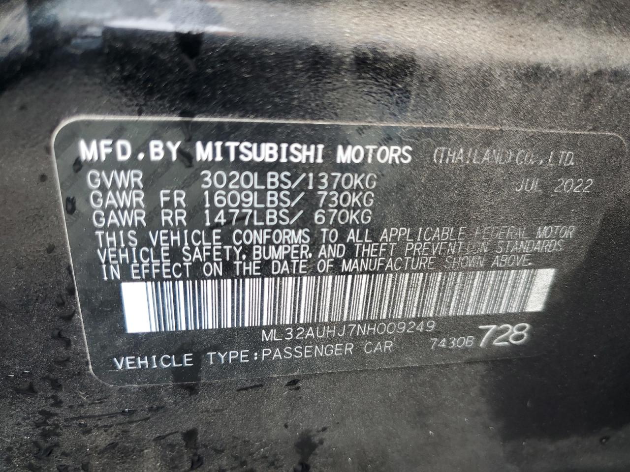 2022 Mitsubishi Mirage Es VIN: ML32AUHJ7NH009249 Lot: 55214495