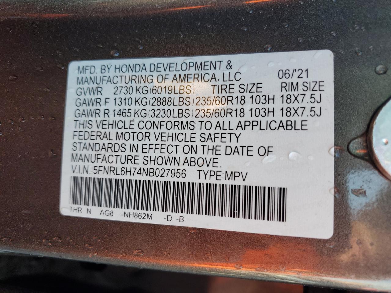 2022 Honda Odyssey Exl VIN: 5FNRL6H74NB027956 Lot: 54991435