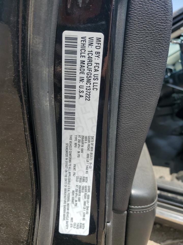 2022 Dodge Durango Pursuit VIN: 1C4RDJFG5NC137222 Lot: 56621435