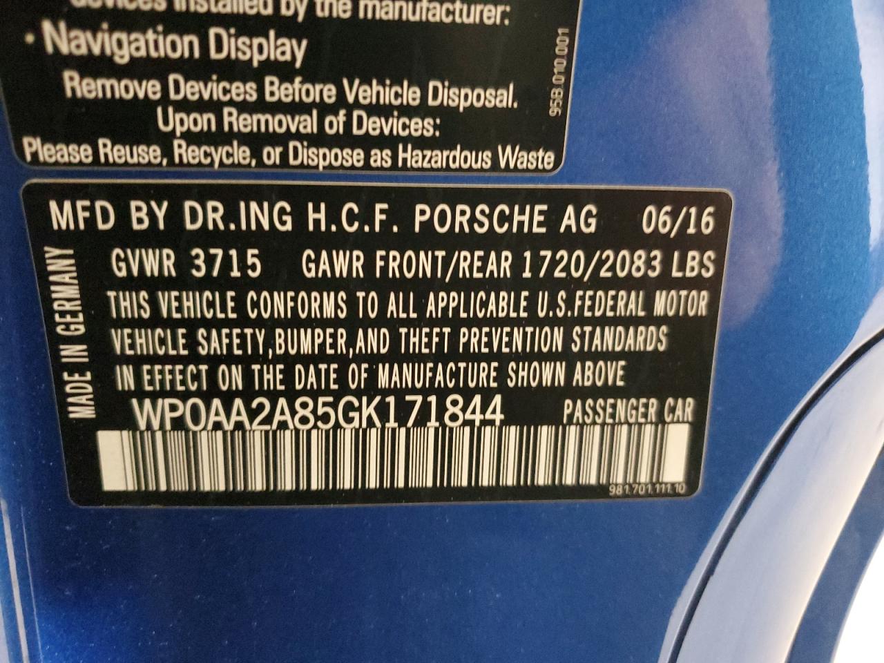 2016 Porsche Cayman VIN: WP0AA2A85GK171844 Lot: 56151195