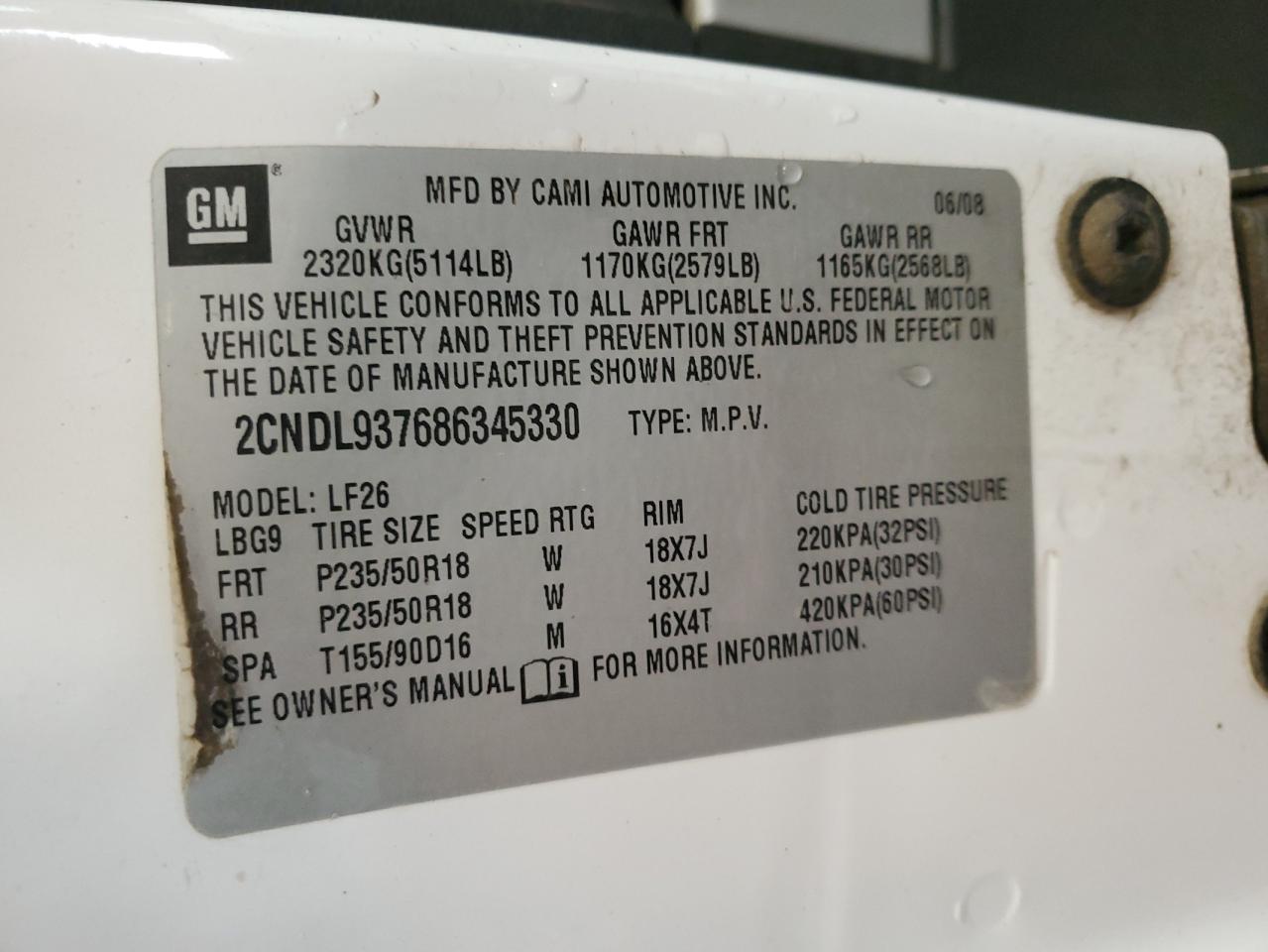 2008 Chevrolet Equinox Sport VIN: 2CNDL937686345330 Lot: 57130565