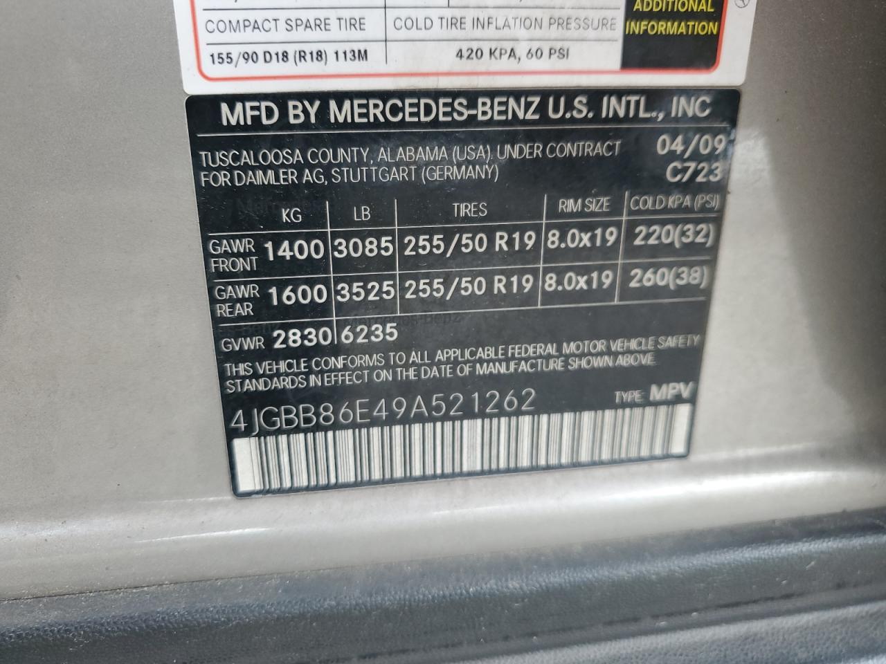 2009 Mercedes-Benz Ml 350 VIN: 4JGBB86E49A521262 Lot: 58673855