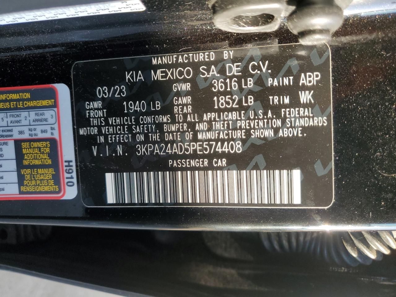 2023 Kia Rio Lx VIN: 3KPA24AD5PE574408 Lot: 55996145