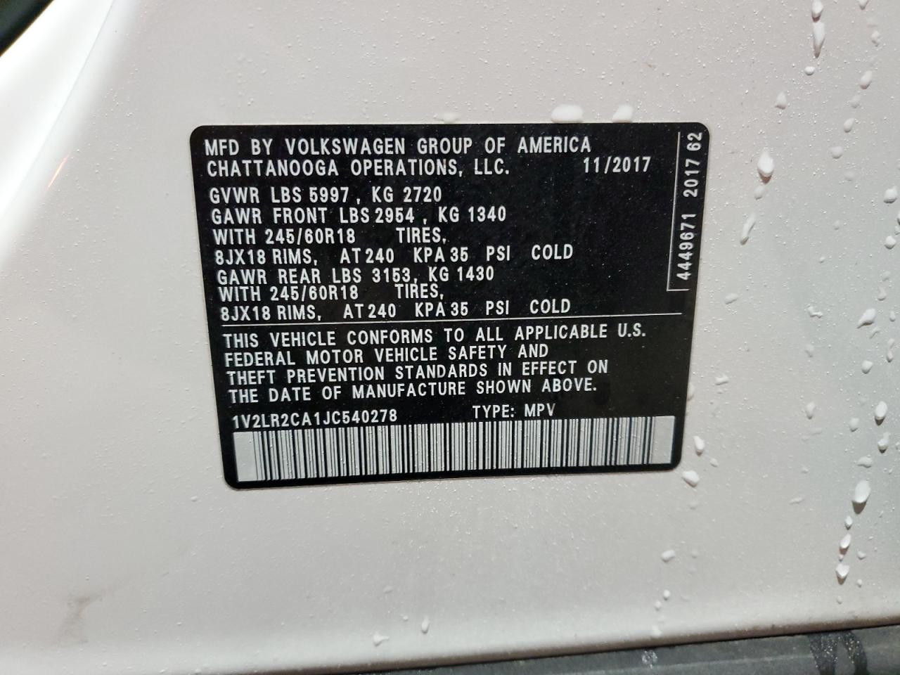 2018 Volkswagen Atlas Se VIN: 1V2LR2CA1JC540278 Lot: 58067065