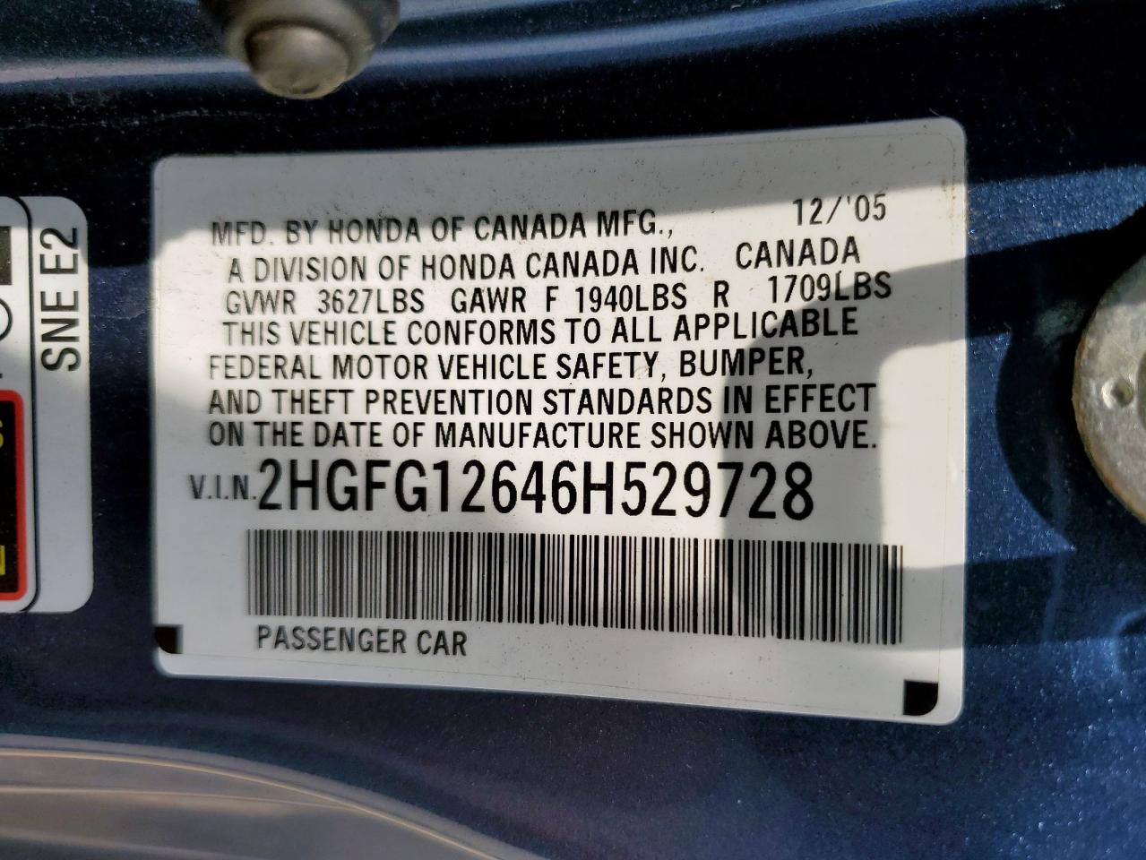 2006 Honda Civic Lx VIN: 2HGFG12646H529728 Lot: 57782505