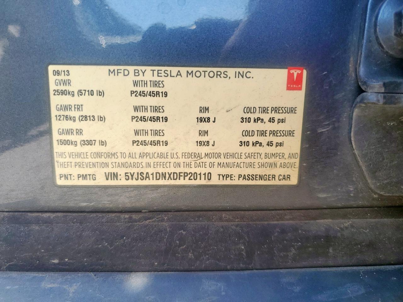 2013 Tesla Model S VIN: 5YJSA1DNXDFP20110 Lot: 56651865