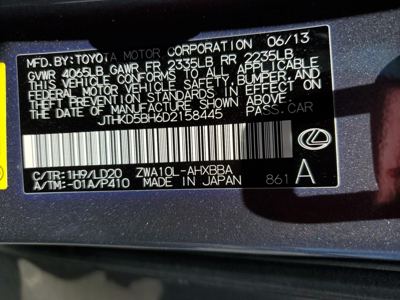 2013 Lexus Ct 200 VIN: JTHKD5BH6D2158445 Lot: 56818005