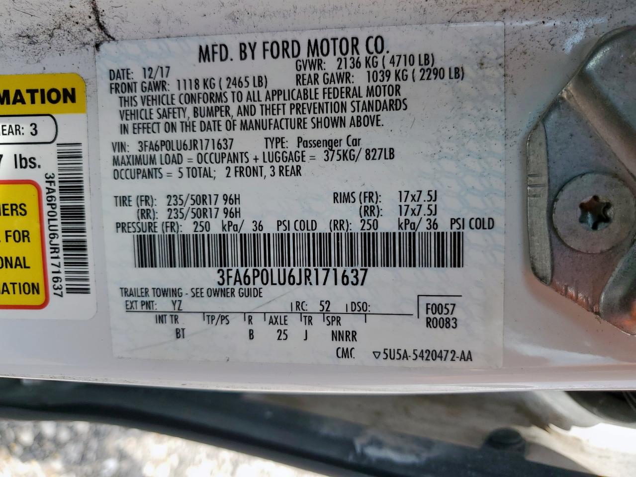 2018 Ford Fusion Se Hybrid VIN: 3FA6P0LU6JR171637 Lot: 54035165