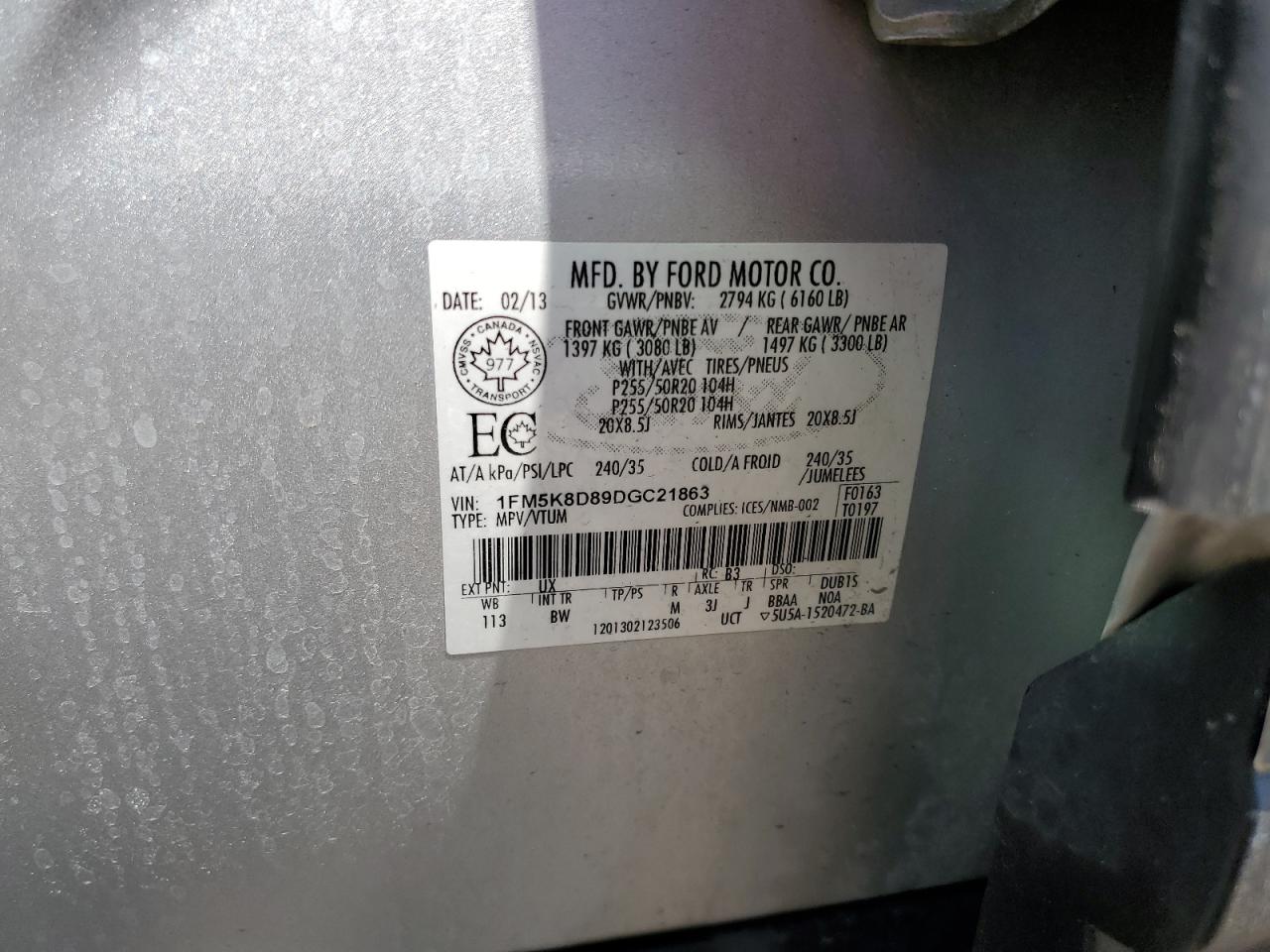 2013 Ford Explorer Xlt VIN: 1FM5K8D89DGC21863 Lot: 58183875