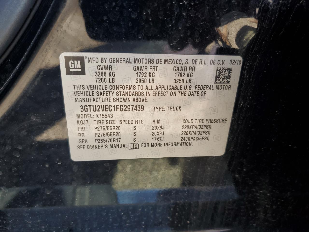 2015 GMC Sierra K1500 Slt VIN: 3GTU2VEC1FG297439 Lot: 56872085