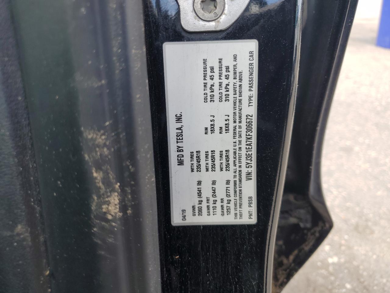 2019 Tesla Model 3 VIN: 5YJ3E1EA7KF306672 Lot: 56193695