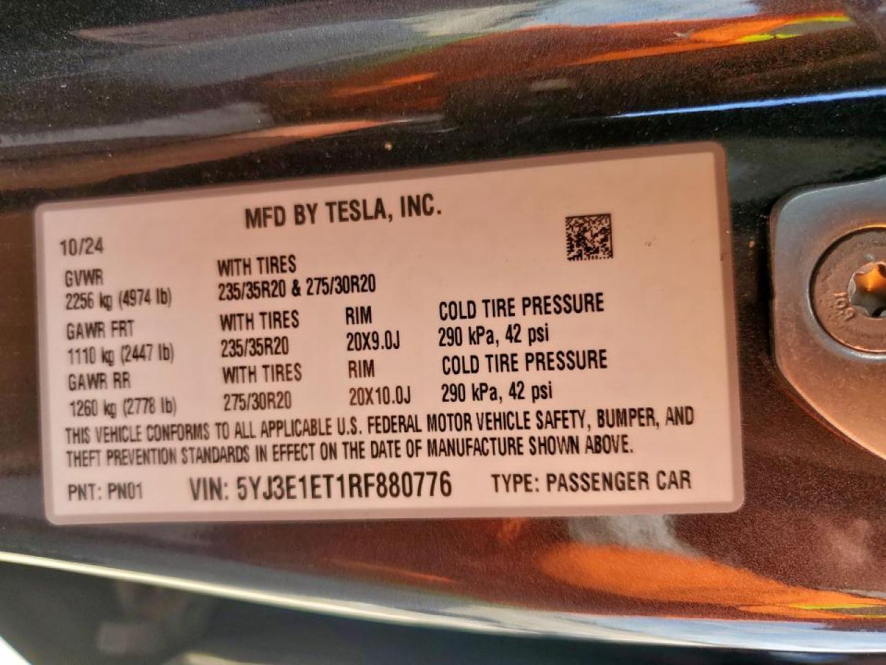 2024 Tesla Model 3 VIN: 5YJ3E1ET1RF880776 Lot: 59127415