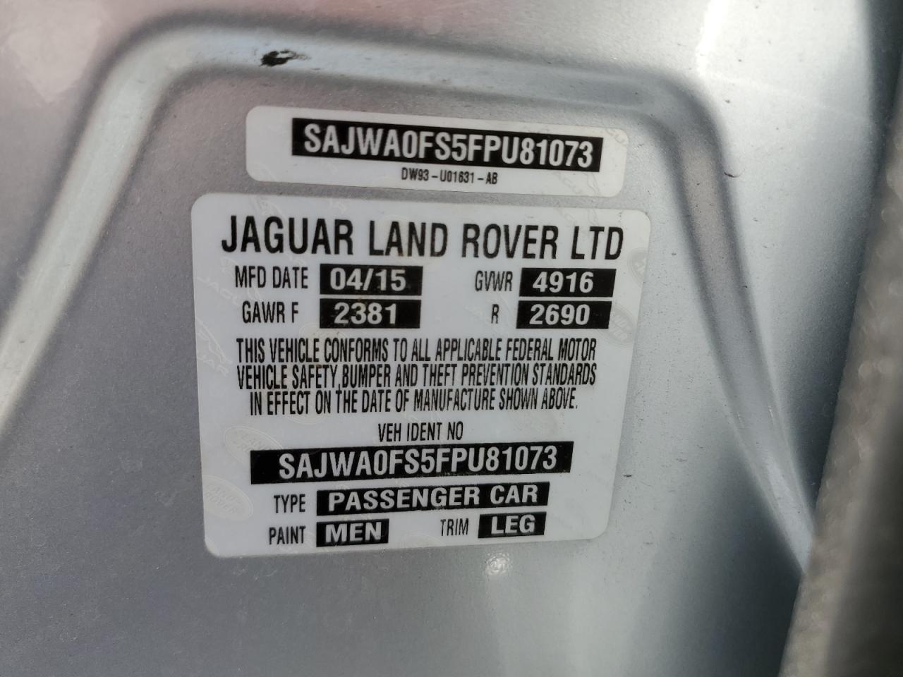 2015 Jaguar Xf 2.0T Premium VIN: SAJWA0FS5FPU81073 Lot: 57971325