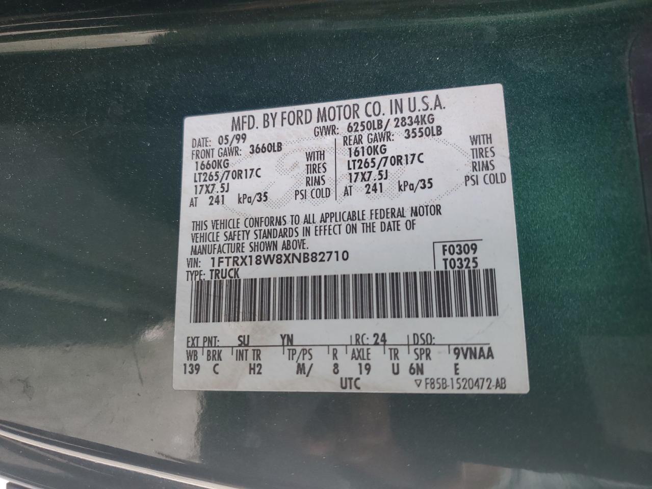 1999 Ford F150 VIN: 1FTRX18W8XNB82710 Lot: 58264745