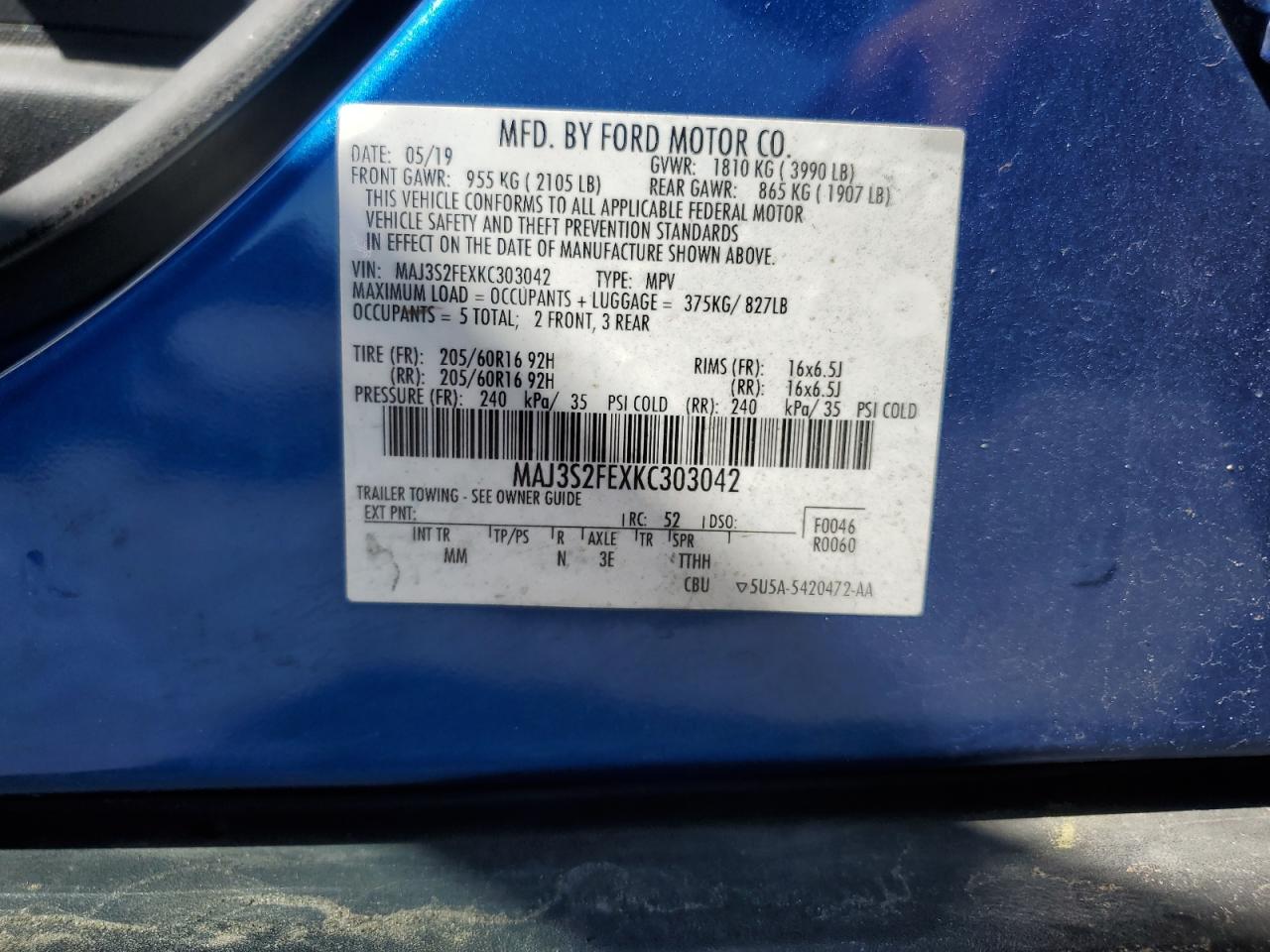 2019 Ford Ecosport S VIN: MAJ3S2FEXKC303042 Lot: 55250535