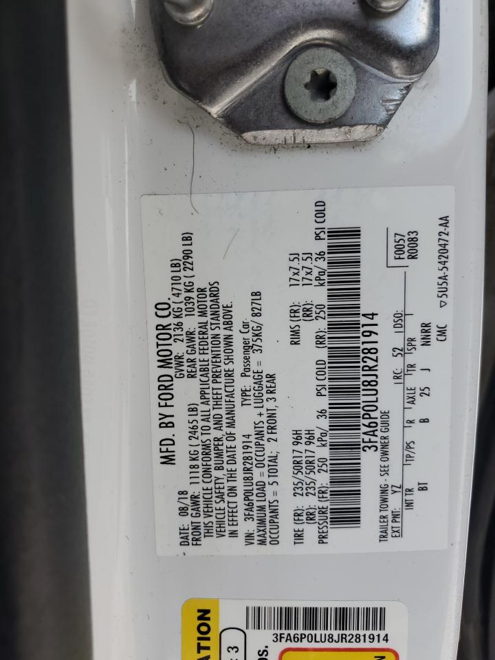 2018 Ford Fusion Se Hybrid VIN: 3FA6P0LU8JR281914 Lot: 54033995