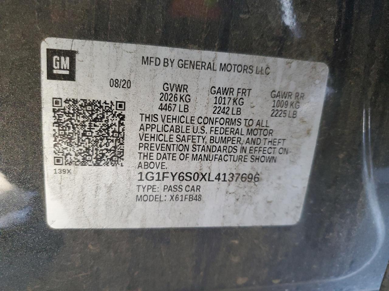 2020 Chevrolet Bolt Ev Lt VIN: 1G1FY6S0XL4137696 Lot: 56964015