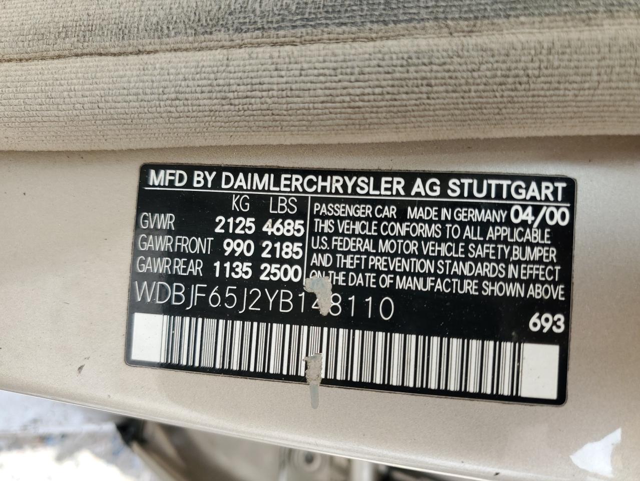 2000 Mercedes-Benz E 320 VIN: WDBJF65J2YB148110 Lot: 56143795