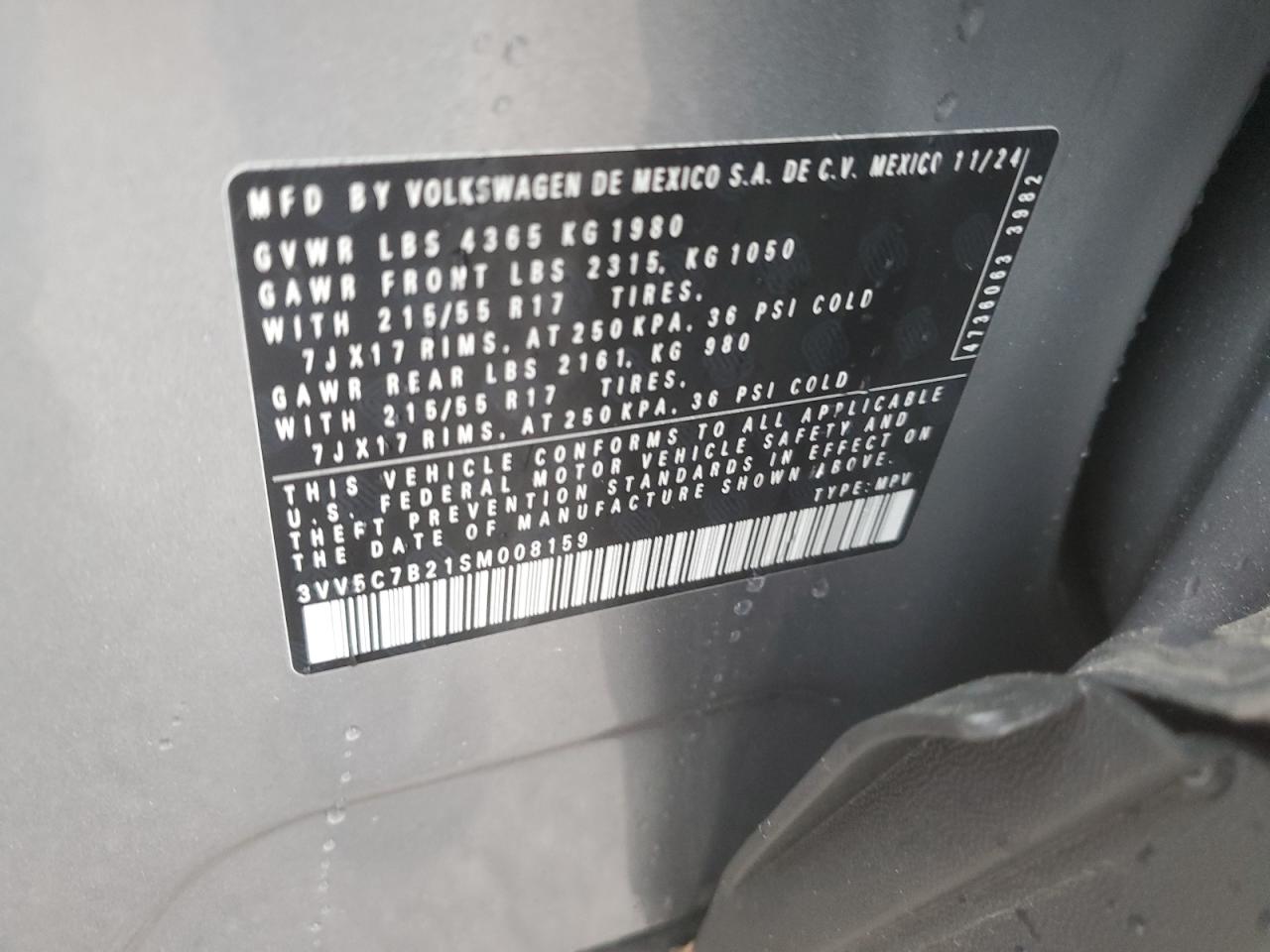2025 Volkswagen Taos S VIN: 3VV5C7B21SM008159 Lot: 55450775