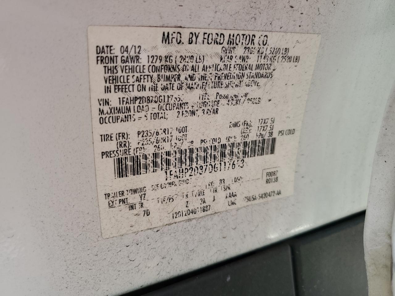2013 Ford Taurus Se VIN: 1FAHP2D87DG117653 Lot: 57232395