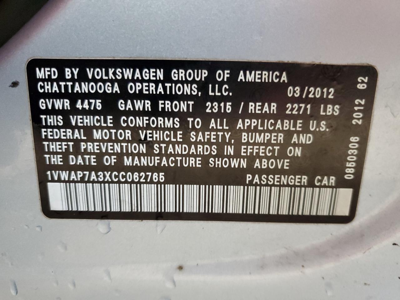 2012 Volkswagen Passat S VIN: 1VWAP7A3XCC062765 Lot: 56480685