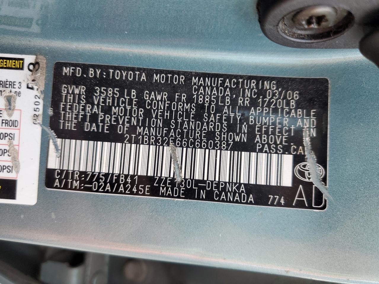 2006 Toyota Corolla Ce VIN: 2T1BR32E66C660387 Lot: 57684035