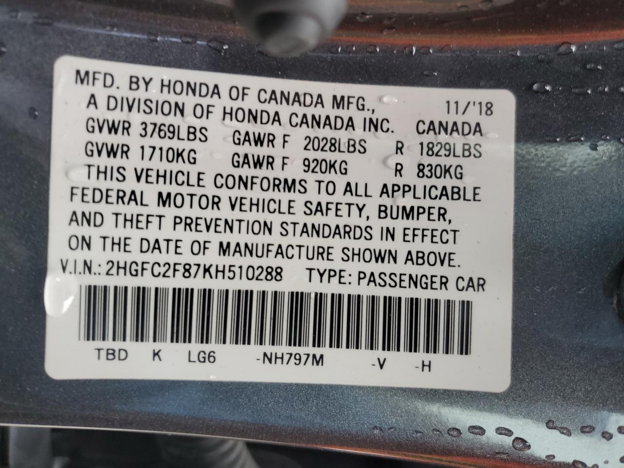2019 Honda Civic Sport VIN: 2HGFC2F87KH510288 Lot: 55803475