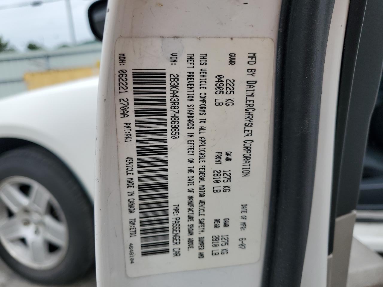 2007 Dodge Charger Se VIN: 2B3KA43R87H869850 Lot: 51875315