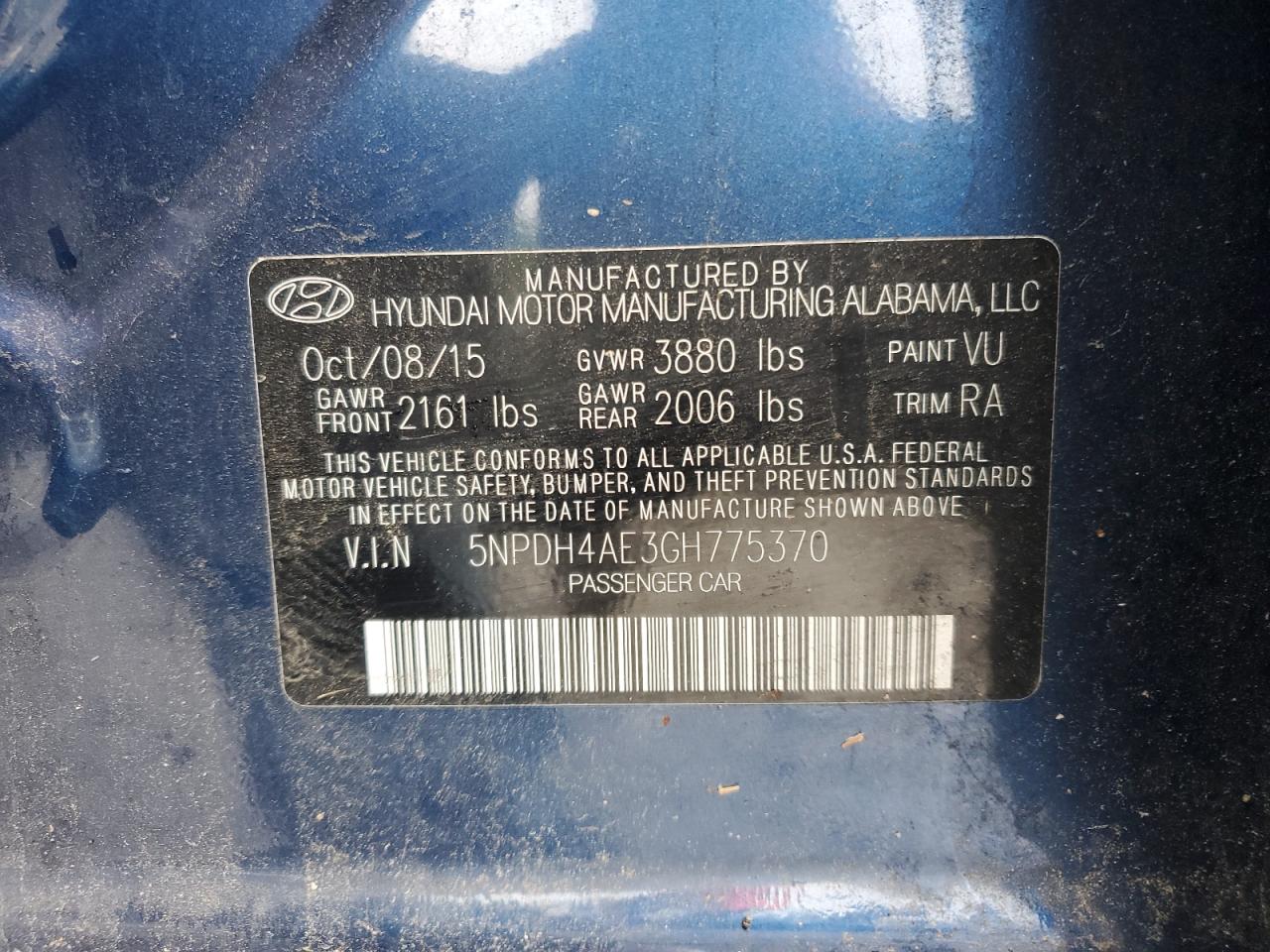 2016 Hyundai Elantra Se VIN: 5NPDH4AE3GH775370 Lot: 56647635