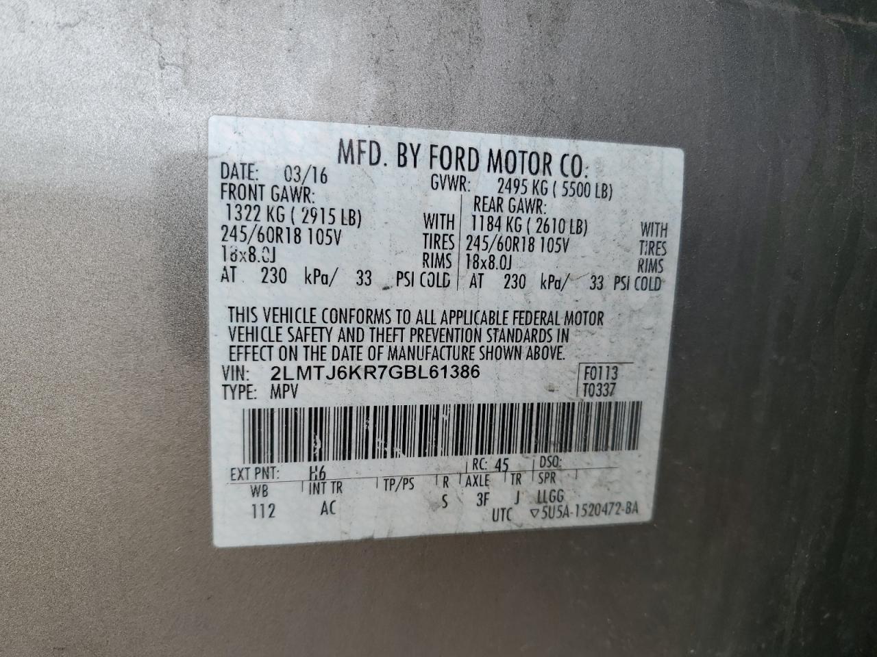 2016 Lincoln Mkx Select VIN: 2LMTJ6KR7GBL61386 Lot: 57128765