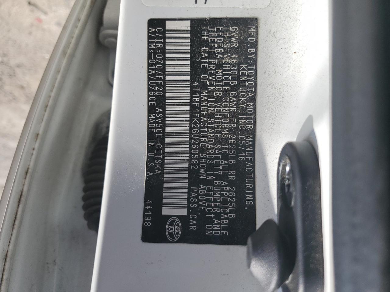 2016 Toyota Camry Le VIN: 4T1BF1FK2GU260582 Lot: 57067945