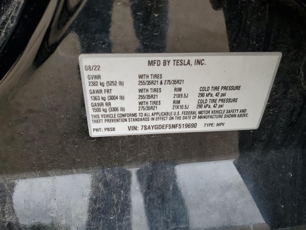 2022 Tesla Model Y VIN: 7SAYGDEF5NF519690 Lot: 58539855