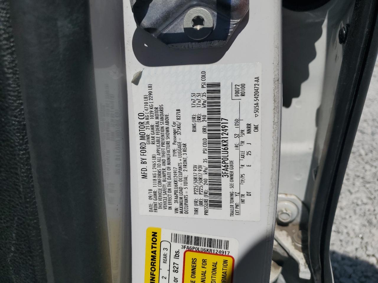 2019 Ford Fusion Se VIN: 3FA6P0LU6KR124917 Lot: 55916715