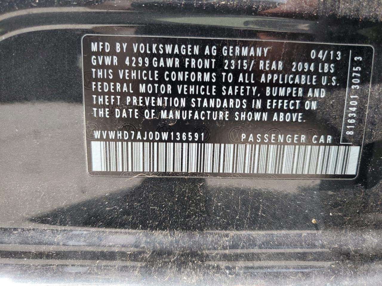2013 Volkswagen Gti VIN: WVWHD7AJ0DW136591 Lot: 58391815