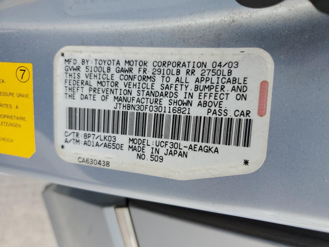 2003 Lexus Ls 430 VIN: JTHBN30F030116821 Lot: 56182675